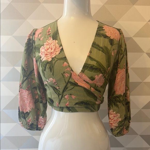 Agua Bendita Tops - Agua Bendita Pink and Green Puff Sleeve Wrap Blouse